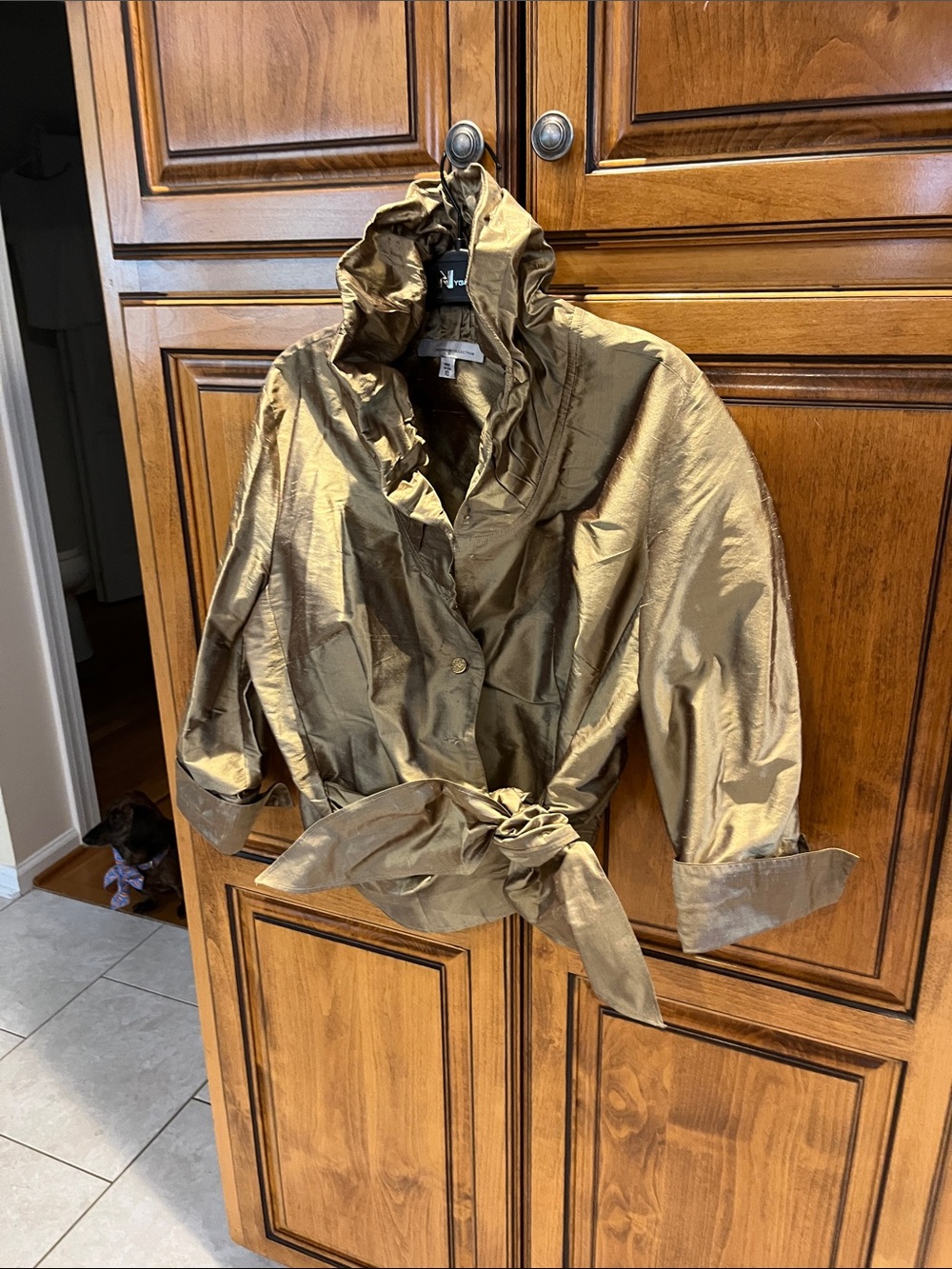 Metallic Bronze Ruffled Collar Tie-Waist blouse